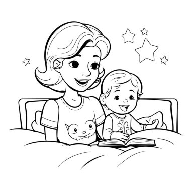 Anne oğluna bir kitap okuyor. siyah ve beyaz vektör çizimi