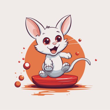 Kırmızı bir kasede oturan sevimli çizgi roman faresi. Vektör illüstrasyonu.