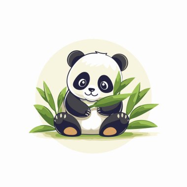 Yeşil yaprakların üzerinde oturan sevimli panda. Vektör çizgi film illüstrasyonu.