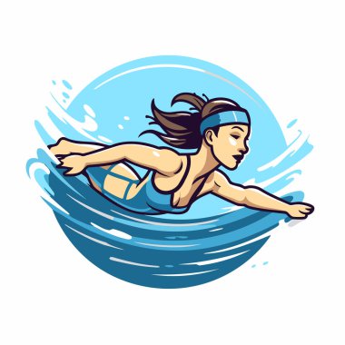 Suda yüzen kız. Suda yüzen bir kadının vektör çizimi.