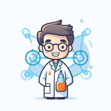 Bir şişe kimyasal sıvı tutan bir bilim adamı. Vektör karakter illüstrasyonu.