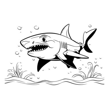 Suda köpekbalığı var. Boyama kitabı için siyah ve beyaz vektör çizimi.