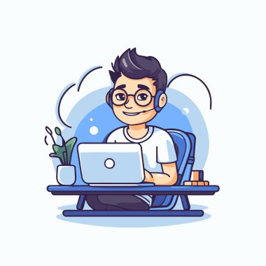 Evde dizüstü bilgisayarla çalışan bir adam. Çizgi film tarzında vektör illüstrasyonu.