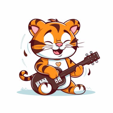 Tiger gitar çalıyor. Sevimli çizgi film karakteri. Vektör illüstrasyonu.