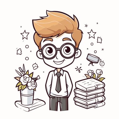 Kitaplı, gözlüklü, şirin bir çizgi roman öğrencisi. Vektör illüstrasyonu.