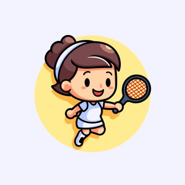Tenis karikatürü karakteri çizen tatlı bir kız. Düz tasarım.