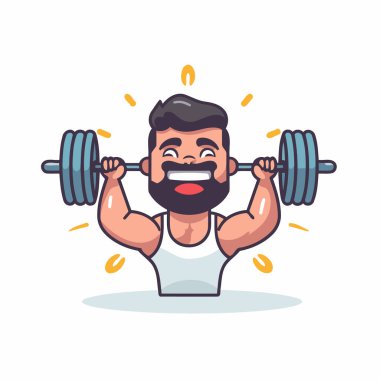 Çizgi filmdeki adam halter kaldırıyor. Düz bir şekilde vektör illüstrasyonu.