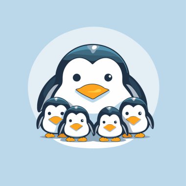 Penguen aile ikonu. Tatlı karikatür penguen vektör çizimi