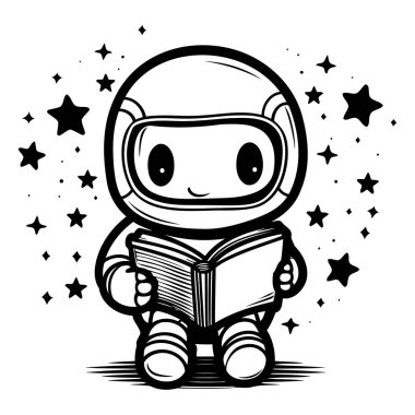 Kitaplı sevimli bir astronot. Beyaz arkaplanda vektör illüstrasyonu.