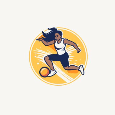 Top oynayan bayan basketbolcu. Beyaz arkaplanda geçmişe dönük illüstrasyon.