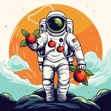 Elinde elmalarla astronot. Çizgi film tarzında vektör illüstrasyonu.
