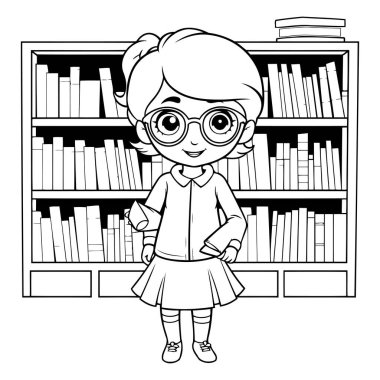 Kütüphane karikatüründeki küçük tatlı kız öğrenci vektör çizimi grafik tasarımı siyah beyaz