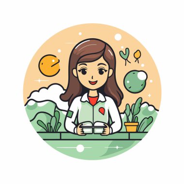 Bahçedeki güzel kız. Çizgi film tarzında vektör illüstrasyonu.