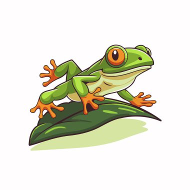 Yeşil yapraklı yeşil kurbağa çizgi filmi. Vektör illüstrasyonu beyaz arkaplanda izole edildi.