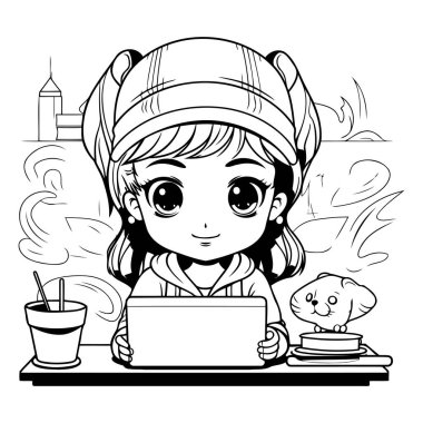 Dizüstü bilgisayarı olan tatlı bir çizgi film şefi kız. Vektör illüstrasyonu.