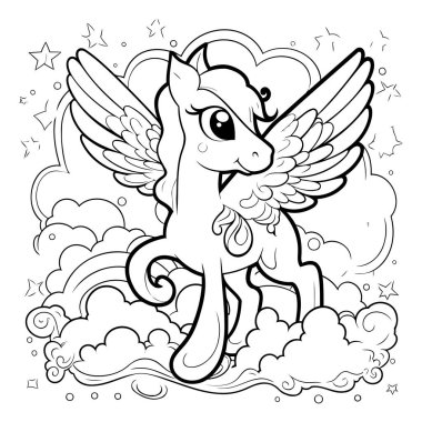 Black and White Cartoon Illustration of Cute Pegasus with Wings for Coloring Book clipart