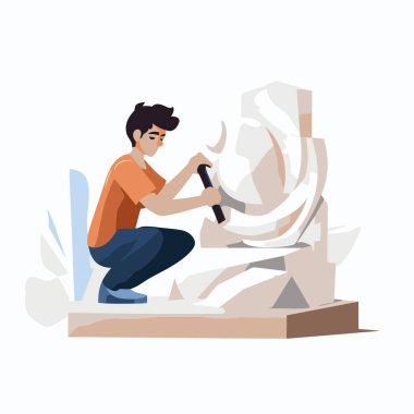 Heykeltraş taş heykel üzerinde çalışıyor. Düz biçimli vektör illüstrasyonu