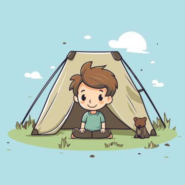 Çadırda oturan ve köpekle oynayan bir çocuk. Vektör illüstrasyonu.