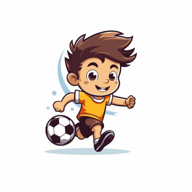 Beyaz arka planda futbol çizgi filmi vektörü illüstrasyonu oynayan tatlı çocuk.