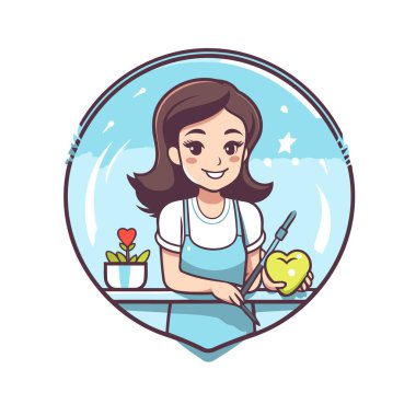 Mutfaktaki kız. Çizgi film tarzında vektör illüstrasyonu.