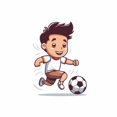 Beyaz arka planda izole edilmiş futbol çizgi film karakteri illüstrasyonu oynayan çocuk