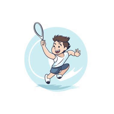 Badminton oynayan bir çocuk. Çizgi film vektör çizimi beyaz arkaplanda izole edildi.