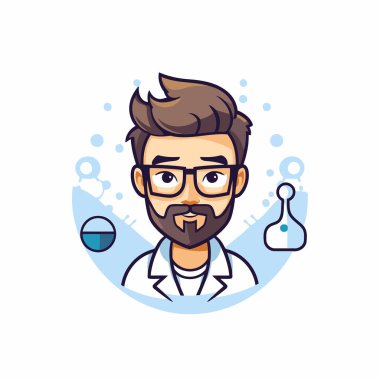 Gözlüklü ve laboratuvar önlüklü adamın vektör çizimi. Çizgi film biçimi.