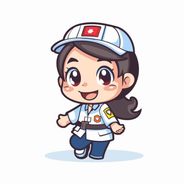 Beyaz arka planda izole edilmiş şirin hemşire çizgi film karakteri çizimi.