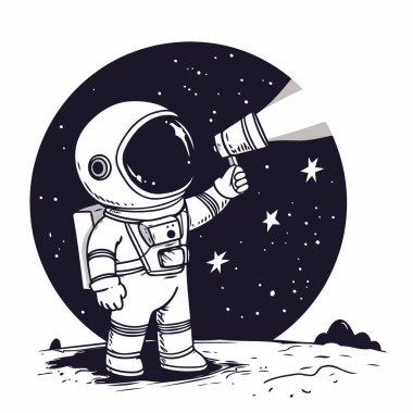 Teleskopla uzayda bir astronot. El çizimi vektör illüstrasyonu.