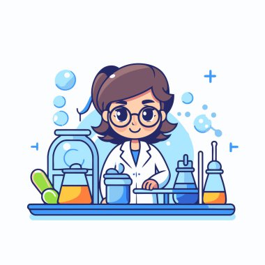 Laboratuvar önlüğü ve gözlüklü şirin bir bilim kadını. Vektör illüstrasyonu