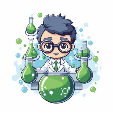 Bilim adamı çocuk çizgi film ikonu. Bilim laboratuarı araştırma ve geliştirme teması. İzole tasarım. Vektör illüstrasyonu