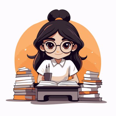 Masada elinde kitaplarla oturan sevimli küçük liseli kız. Vektör illüstrasyonu.