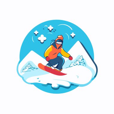 Dağlarda snowboardcu. Kış sporu. Vektör illüstrasyonu.