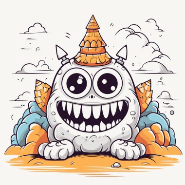 Komik çizgi film canavarı. Sahildeki bir canavarın vektör çizimi.