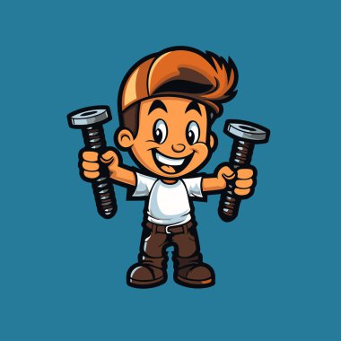 Çizgi film tamircisi elinde tornavida tutuyor. Mavi arkaplanda vektör illüstrasyonu izole edildi.