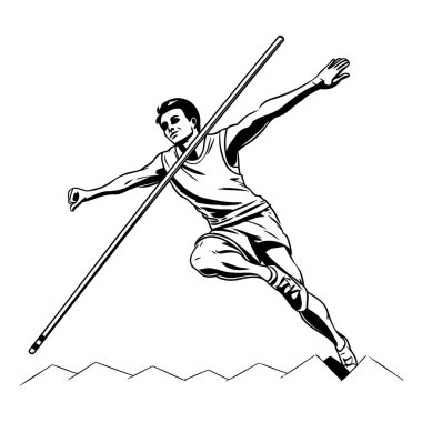 Mızrakla koşan bir sporcu. siyah ve beyaz vektör çizimi.