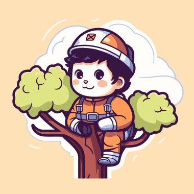 Kasklı ve ağaç vektörü çiziminde tulumlu yakışıklı bir çocuk..