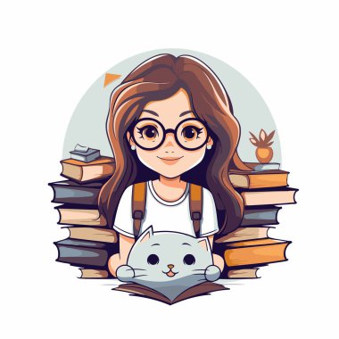 Kedili ve kitaplı kız. Düz bir şekilde vektör illüstrasyonu.