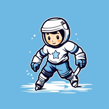 Uzay giysisi ve miğferi içinde çizgi film astronotu. Astronotun vektör illüstrasyonu.