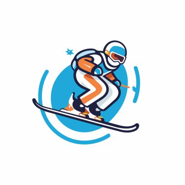 Kayak logosu. Kış sporunda bir kayakçının vektör illüstrasyonu.