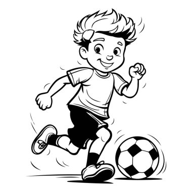 Futbol oynayan sevimli küçük çocuk - siyah-beyaz vektör çizimi.