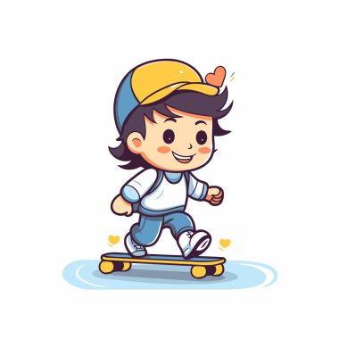 Kaykay süren sevimli bir çocuk. Vektör illüstrasyonu beyaz arkaplanda izole edildi.