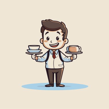 Garson elinde kahve fincanı ve fincan tabağı vektör çizimi grafik tasarımı
