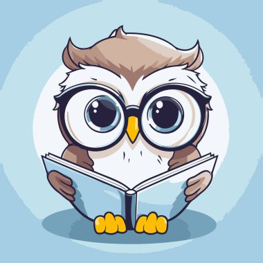 Baykuş kitap okuyor. Sevimli çizgi film karakteri. Vektör illüstrasyonu.