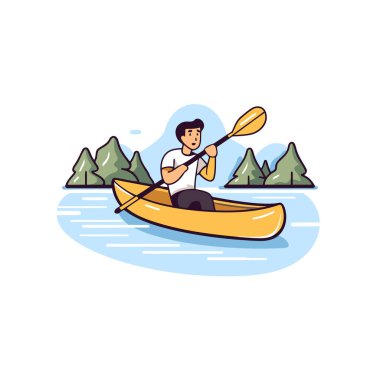 Nehirde kayak yapan bir adam. Düz biçimli vektör illüstrasyonu.