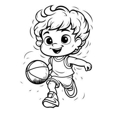 Basketbol oynayan sevimli çocuk - boyama kitabı için siyah-beyaz vektör çizimi