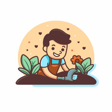 Bahçede çalışan sevimli çizgi film bahçıvanı. Vektör illüstrasyonu.