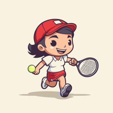 Tenis oynayan şirin küçük kız çizgi film sunucusu illüstrasyonu. Hem yazdırma hem de web tasarımı için ideal.
