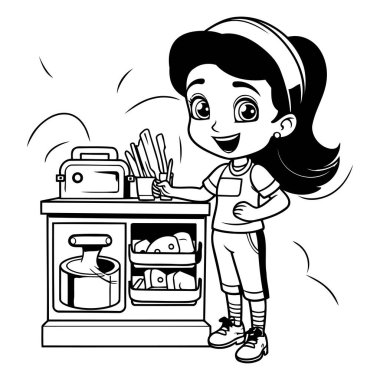 Mutfakta güzel bir kız yemek pişiriyor. siyah ve beyaz vektör illüstrasyon grafik tasarımı