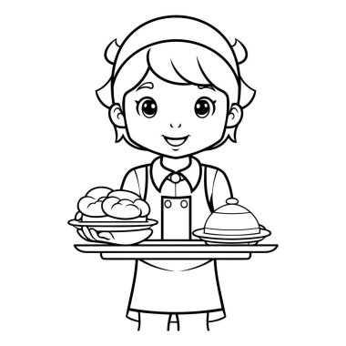 Siyah ve Beyaz Çizgi Film Çizgi Filmi Sevimli Küçük Kız Şefi Boyama Kitabı için Pasta Tepsisi Tutuyor